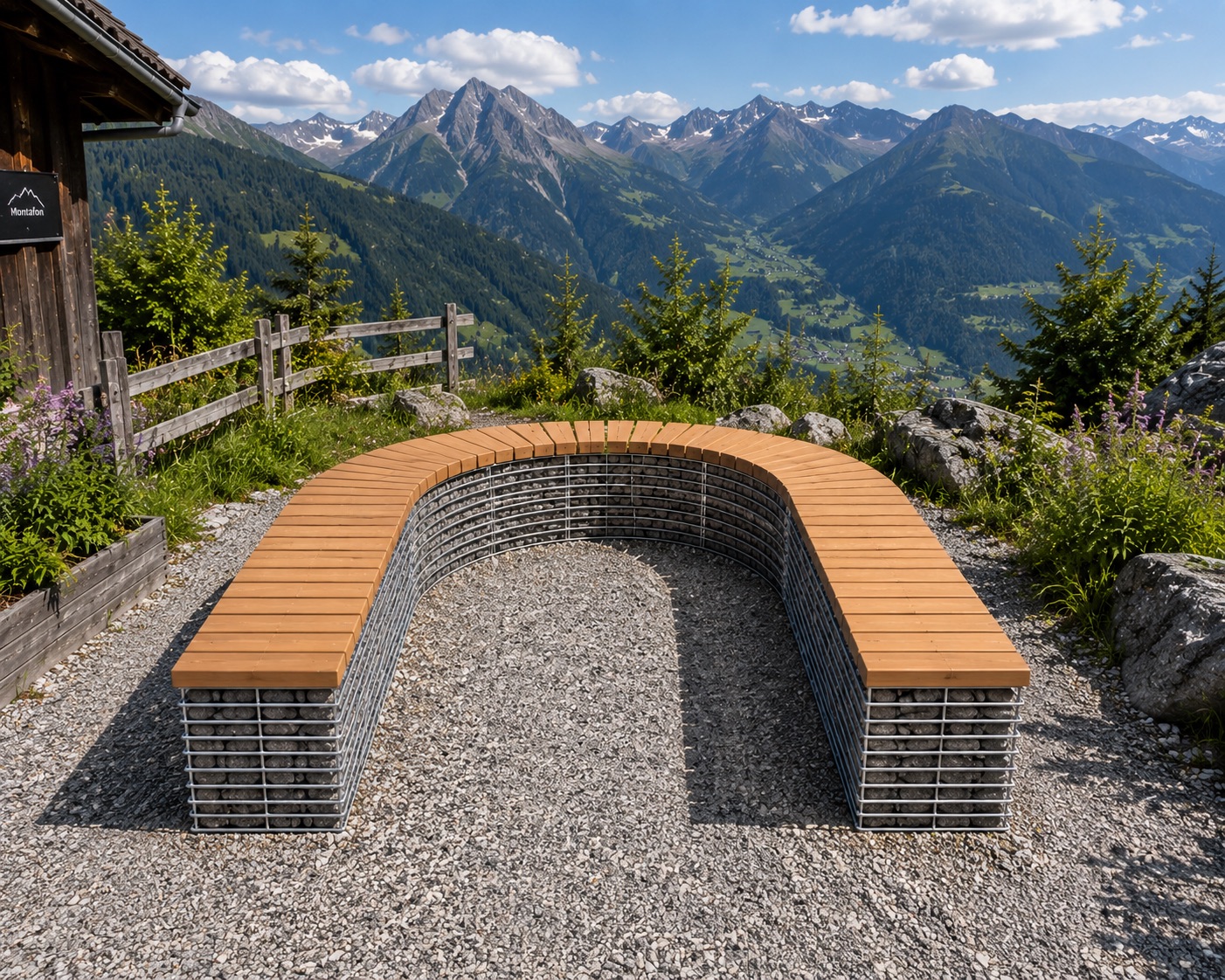Maßgefertigte Gabionenbank in U-Form für den Tourismus Montafon